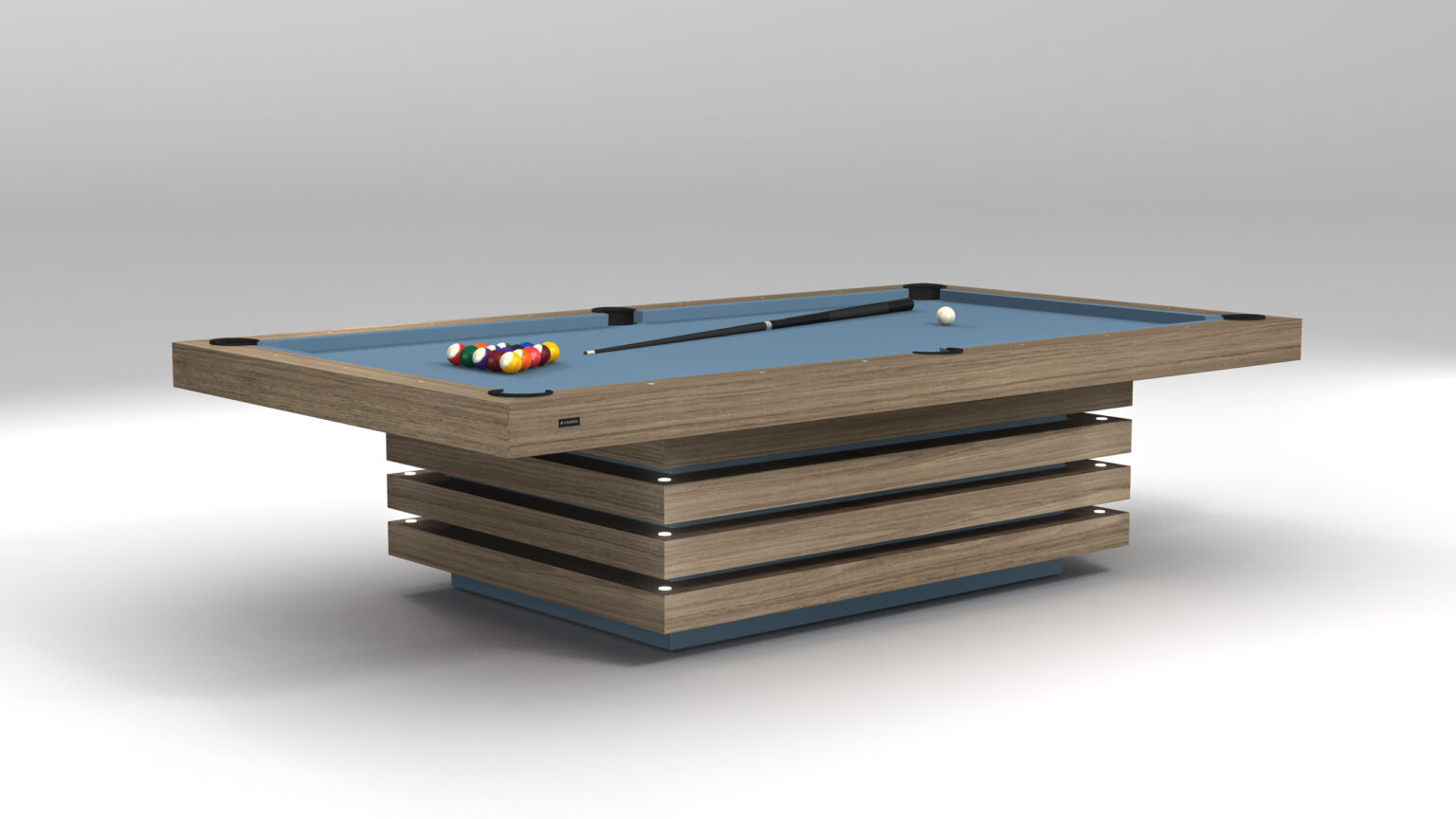 The Arclight Pool Table, with a wooden frame and light blue playing surface, is elegantly designed with stacked horizontal wooden layers as its base and comes set up with a cue stick and billiard balls, epitomizing luxury game tables.