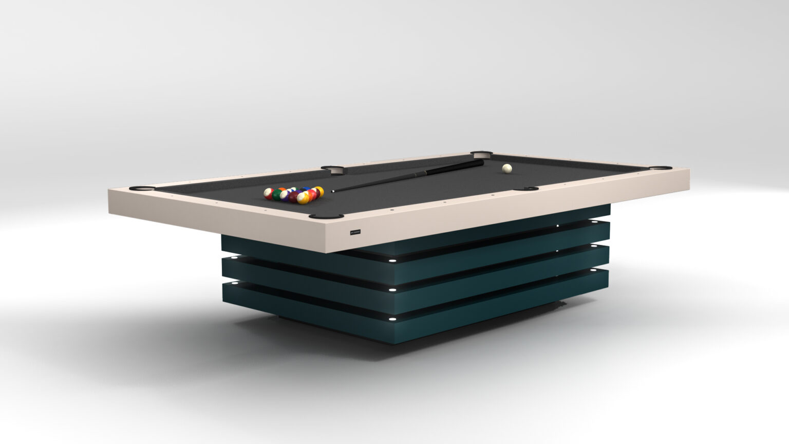 The Arclight Pool Table boasts a sleek, luxurious design with a black surface and white edges. A set of colorful balls and cues adorn the top, while its base features a unique stacked design with dark teal horizontal layers set against a minimalist background.