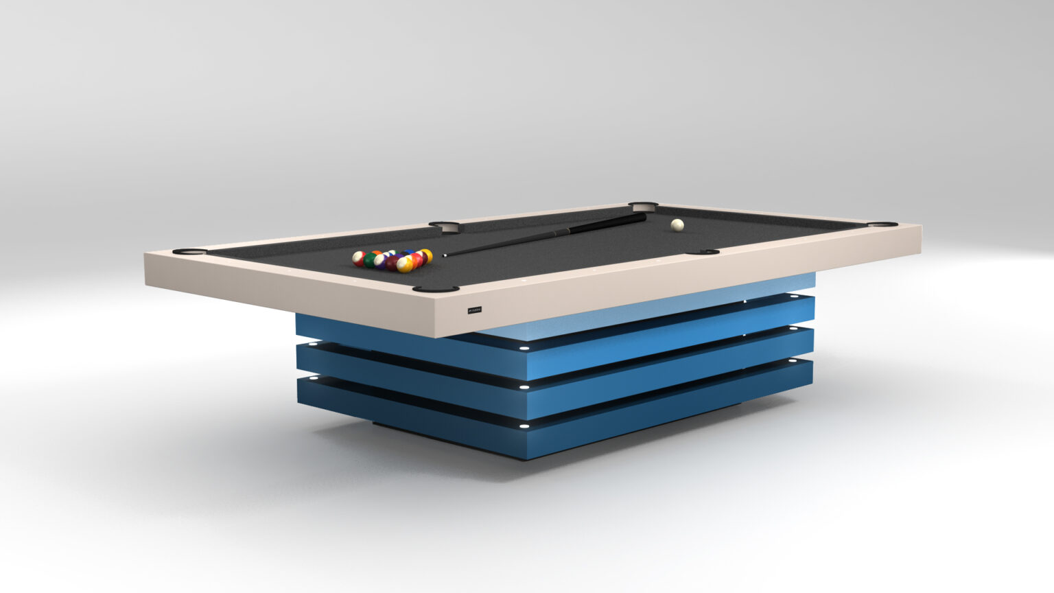 The Arclight Pool Table is a luxury game table with a modern design featuring a distinctive layered blue base and sleek beige top. Billiard balls are elegantly arranged on its surface, inviting an exciting game.