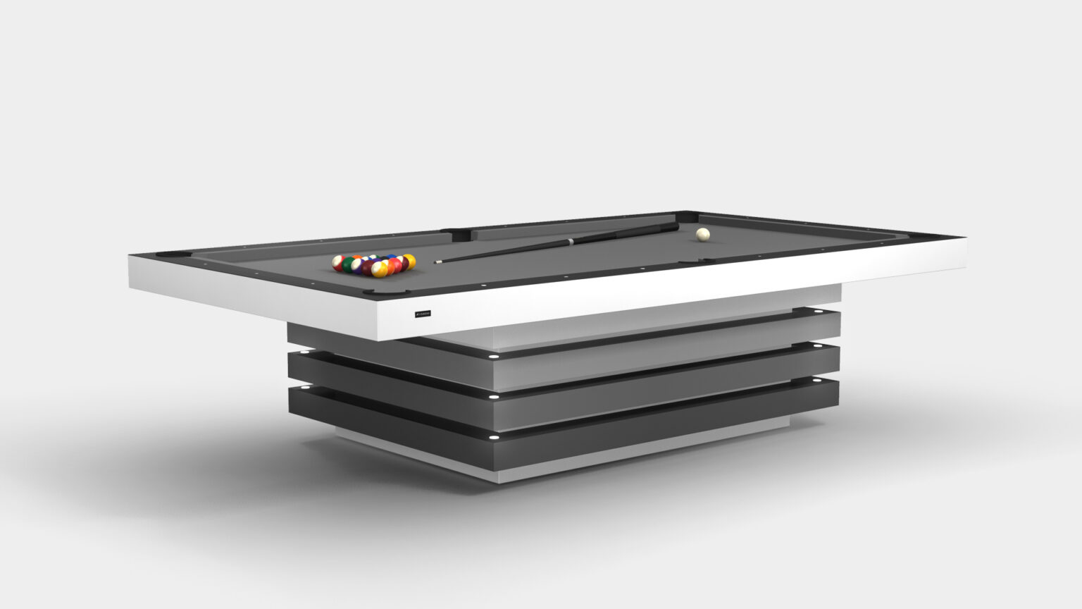 The Arclight Pool Table boasts a sleek, minimalist design with a gray playing surface and black-and-white striped base. It includes a perfectly balanced cue stick and racked balls, making it ideal for enhancing any recreational space.