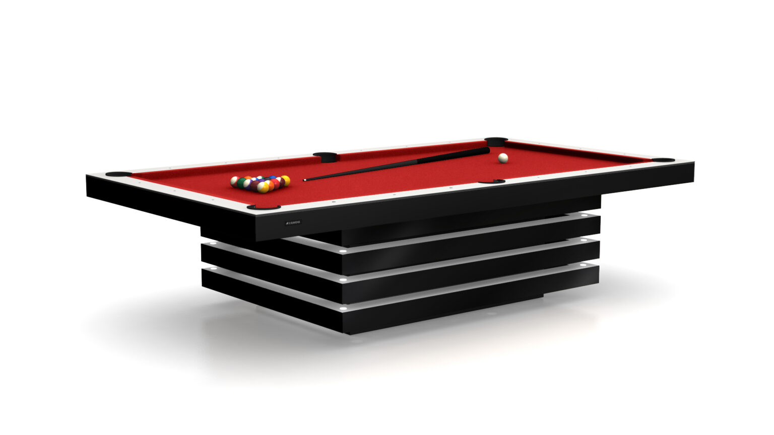 The Arclight Pool Table, a luxury black and white game table, features a bold red felt surface. A cue stick and white cue ball lie on its sleek design, while striped and solid billiard balls are impeccably arranged in a triangle, ready for an elegant match.