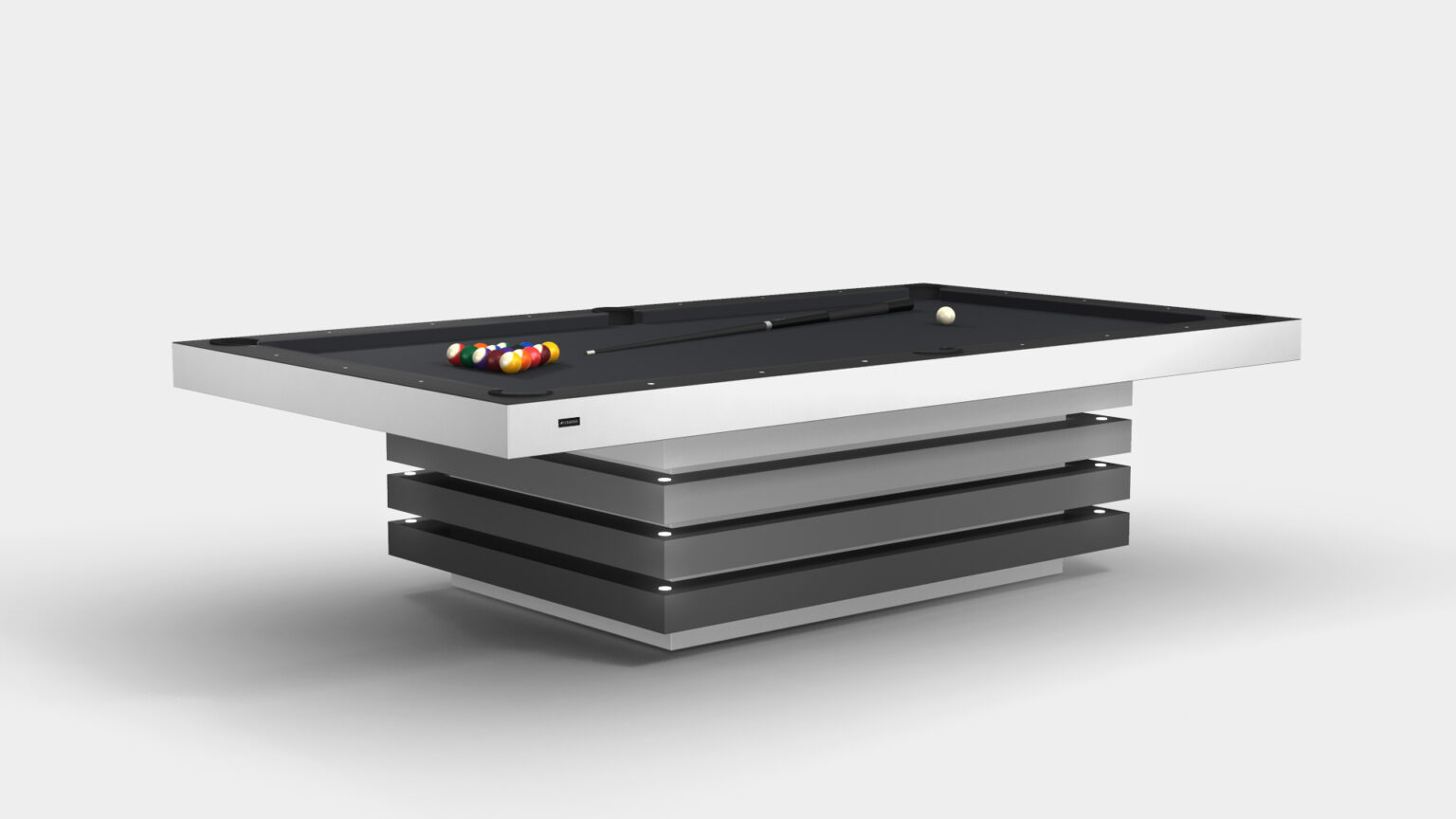 The Arclight Pool Table is a luxury gaming table featuring a modern pool design with a black playing surface and sleek, layered support base. It includes colorful billiard balls and a cue stick for an elegant gaming experience.
