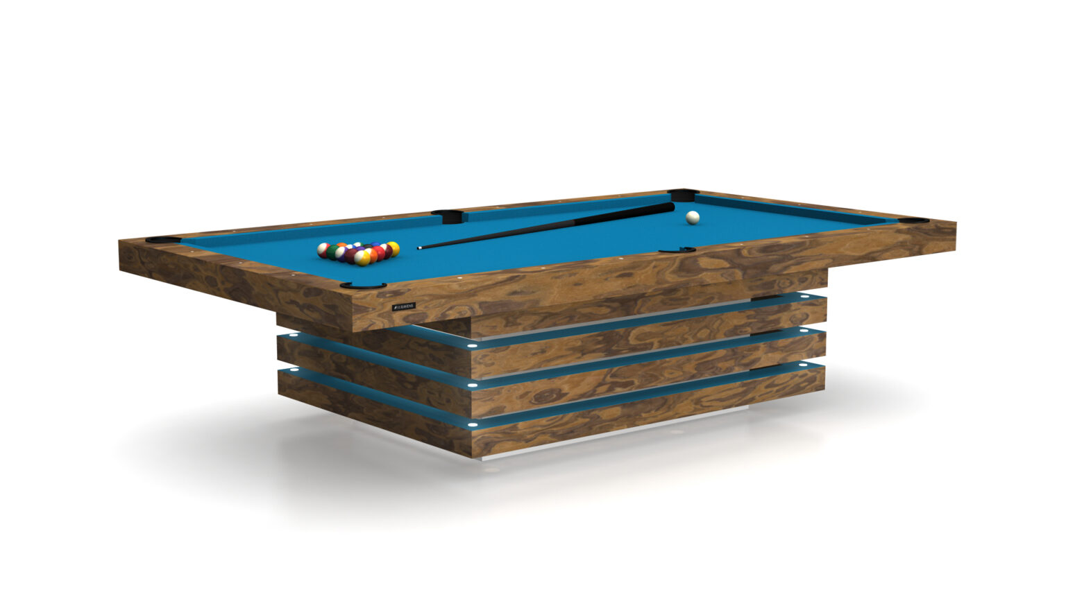 The Arclight Pool Table is a stylish luxury game table with a blue felt surface and a modern wooden base featuring a layered design. A cue stick and colorful balls are expertly arranged on the table, ready for an engaging game.