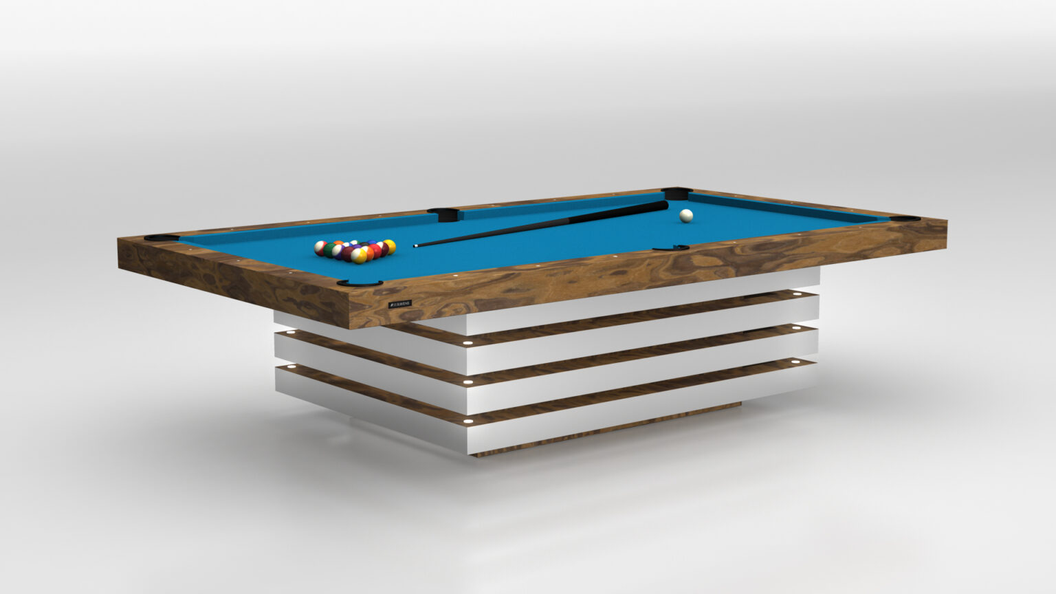 The Arclight Pool Table is a modern luxury game table with a wooden top and sleek, layered metal base. It features a blue felt surface, cue stick, and triangle rack of colorful billiard balls.