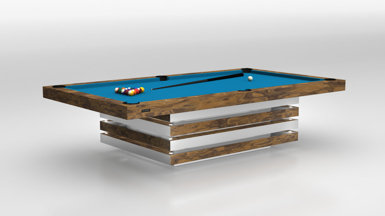 The Arclight Pool Table, with its wooden frame, blue felt surface, and unique metallic base design, exudes luxury. Pool balls and a cue stick are meticulously arranged on top.