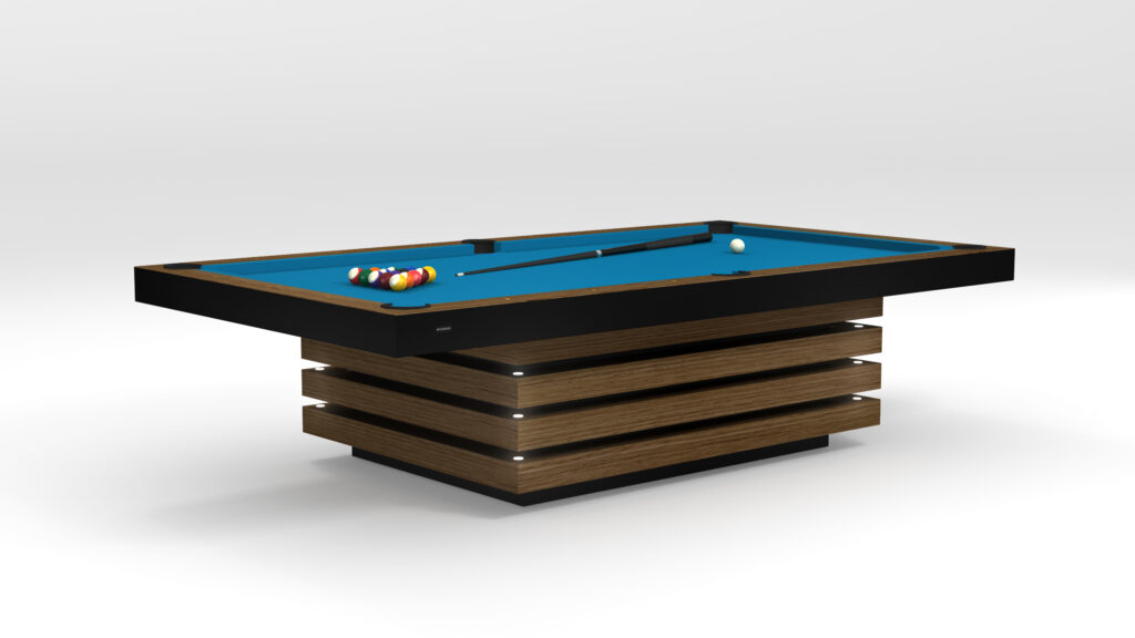 The Arclight Pool Table boasts a luxurious design with a sleek wooden base and bright blue felt. A cue stick lies next to a neatly arranged set of pool balls and a white cue ball, highlighting the elegance of high-end game tables.