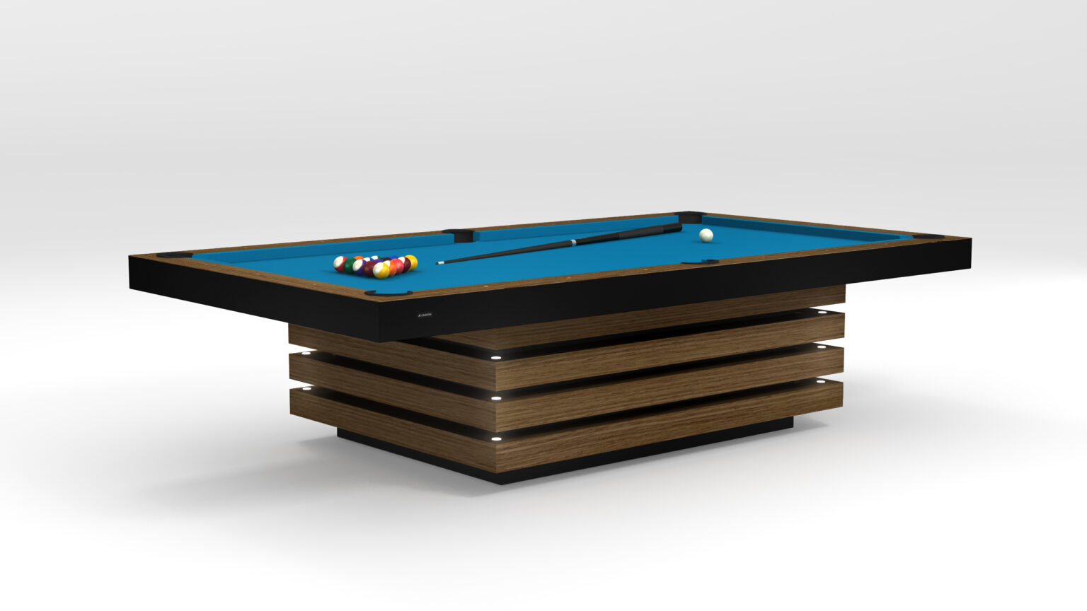 The Arclight Pool Table boasts a luxurious design with a sleek wooden base and bright blue felt. A cue stick lies next to a neatly arranged set of pool balls and a white cue ball, highlighting the elegance of high-end game tables.