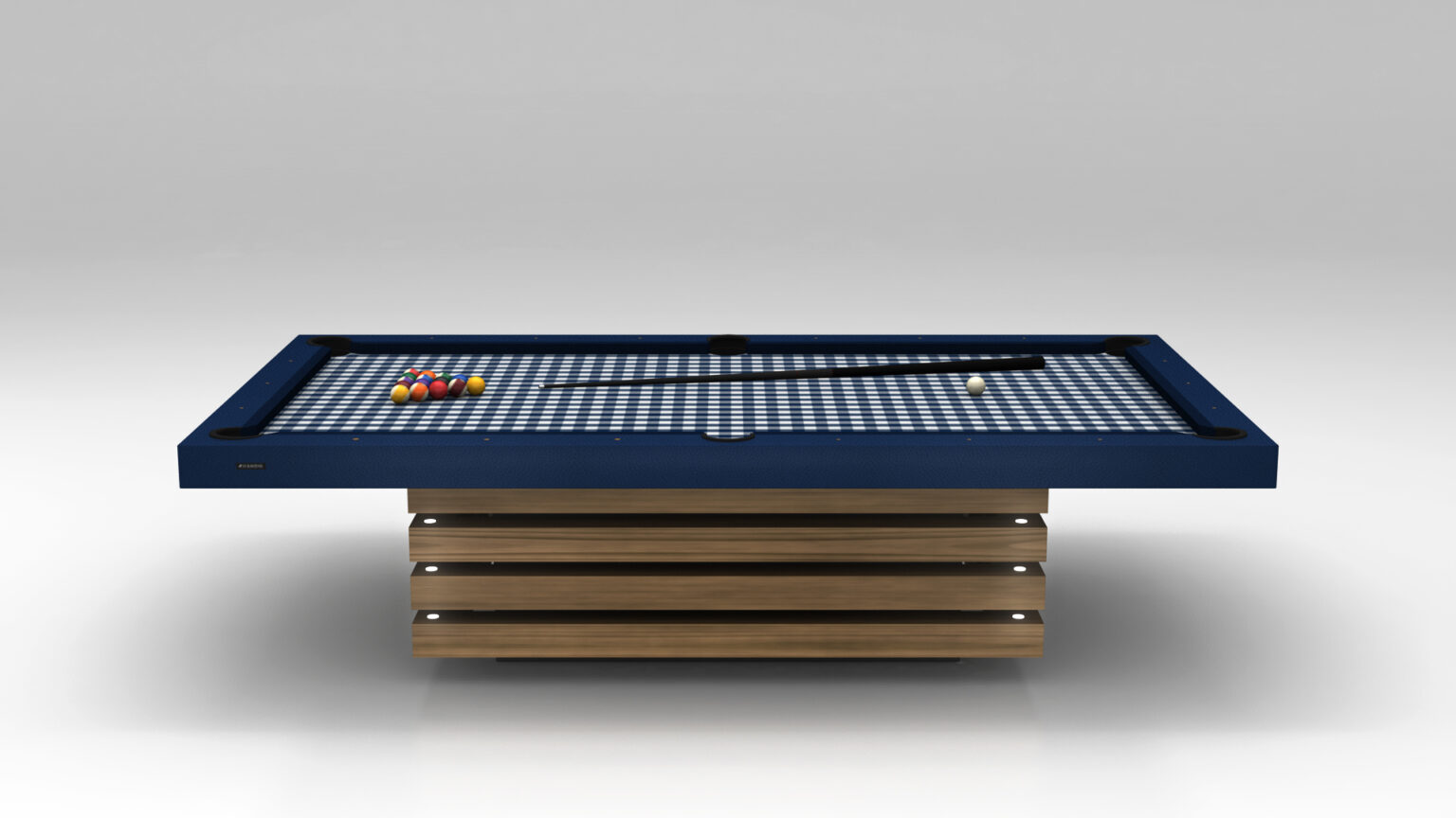 The Arclight Pool Table is a luxury game table with a unique blue and checkered playing surface, featuring billiard balls at one end and a cue stick laid across. Its base is crafted from stacked wooden slabs, adding sophistication to any gaming space.