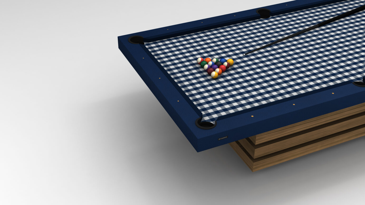 The Arclight Pool Table is a luxury game table featuring a blue and white checkered cloth with neatly arranged billiard balls. A cue stick rests on the wooden base, adding elegance to its modern design.
