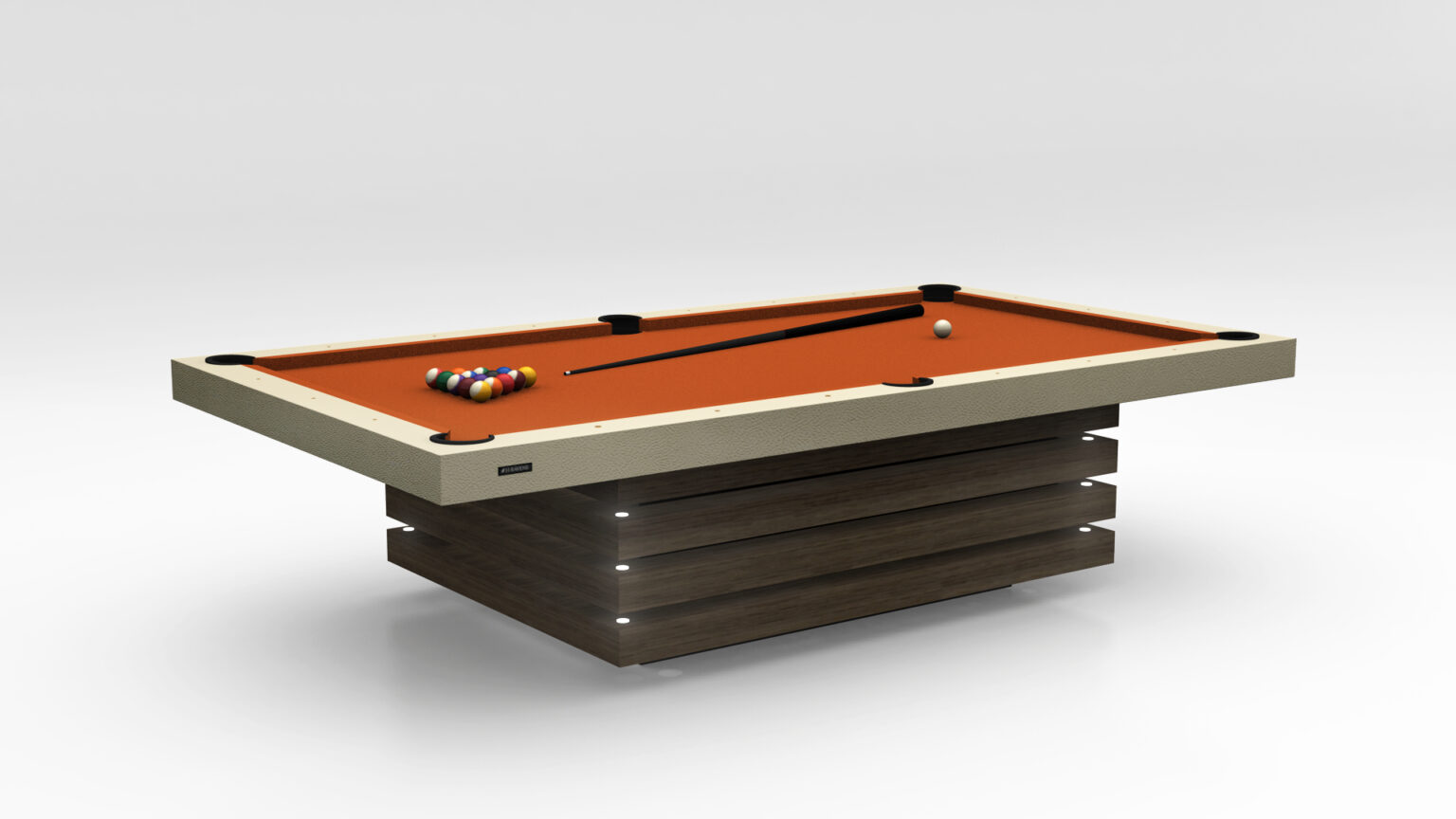The Arclight Pool Table is a modern luxury game table with a sleek billiard design, featuring an orange felt surface, cue stick, white cue ball, and a rack of multicolored balls. Its elegant wooden base contrasts against the plain, light backdrop.