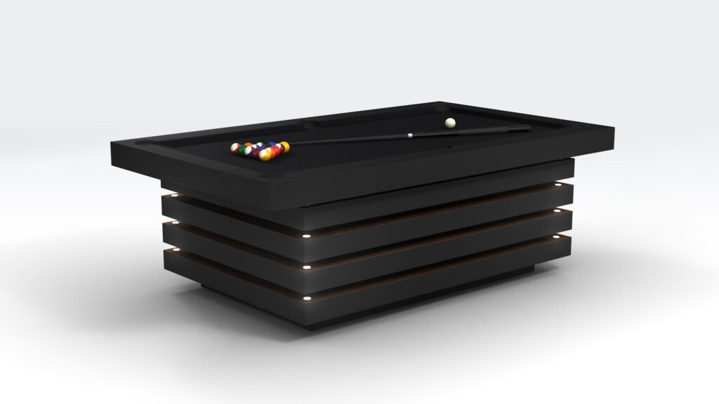 The Arclight Pool Table is a modern, luxury piece for game enthusiasts. It boasts a sleek black design with horizontal layers, complete with pool balls, a cue stick, and cue ball on the dark surface. Subtle lighting between layers adds to its contemporary style.