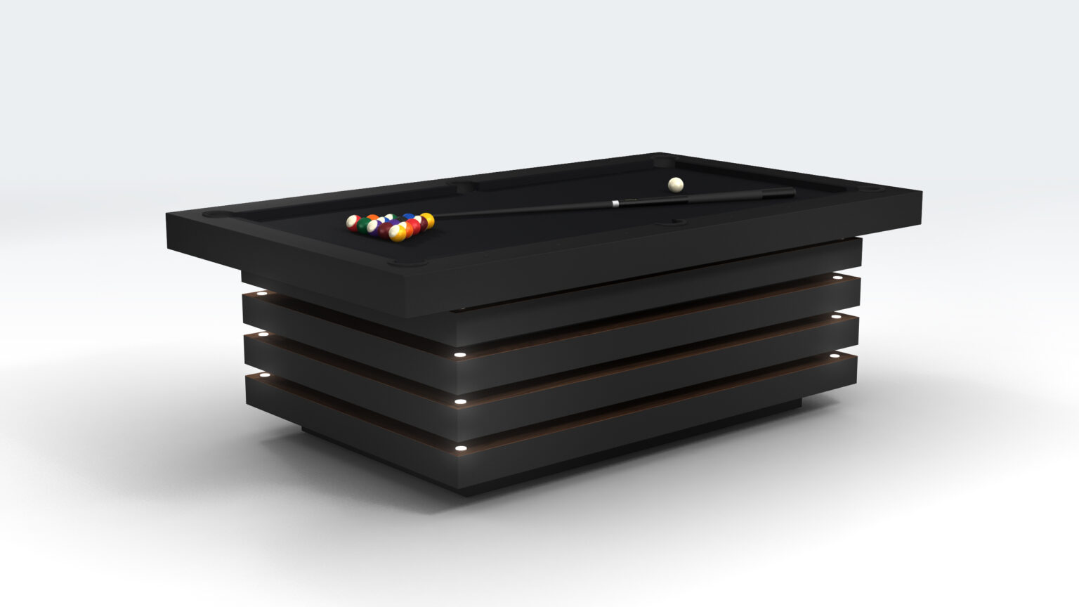 The Arclight Pool Table is a modern, luxury piece for game enthusiasts. It boasts a sleek black design with horizontal layers, complete with pool balls, a cue stick, and cue ball on the dark surface. Subtle lighting between layers adds to its contemporary style.