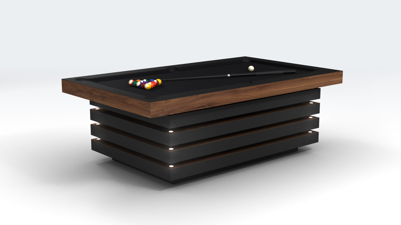 The Arclight Pool Table, with its modern black and wood design, epitomizes luxury game tables. It features colorful billiard balls and a cue stick on the surface.