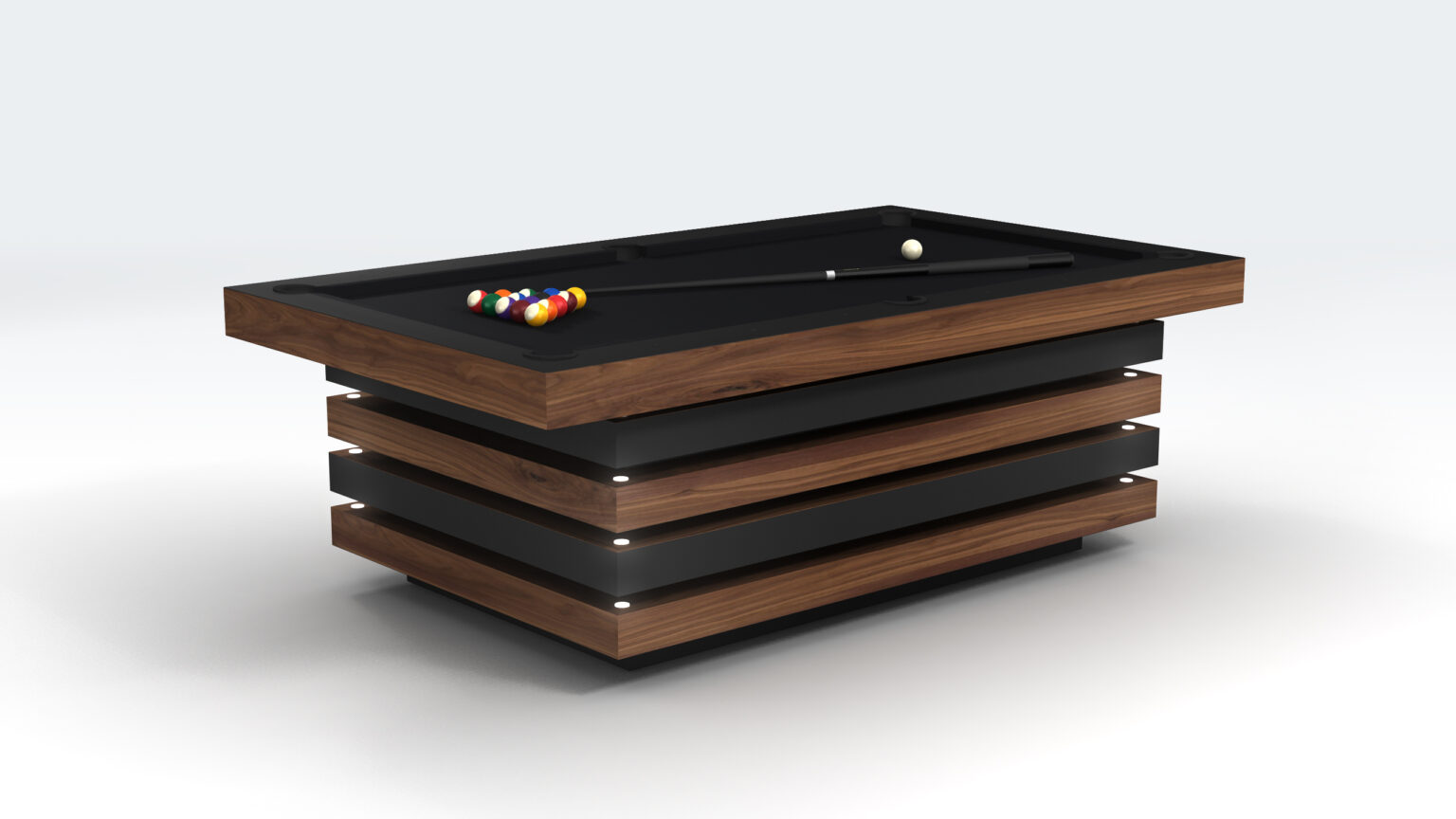 The Arclight Pool Table is a modern luxury game table with a sleek wooden and black design. It has pool balls arranged at one end, a cue stick on the felt surface, and a base of alternating wooden and black horizontal layers.