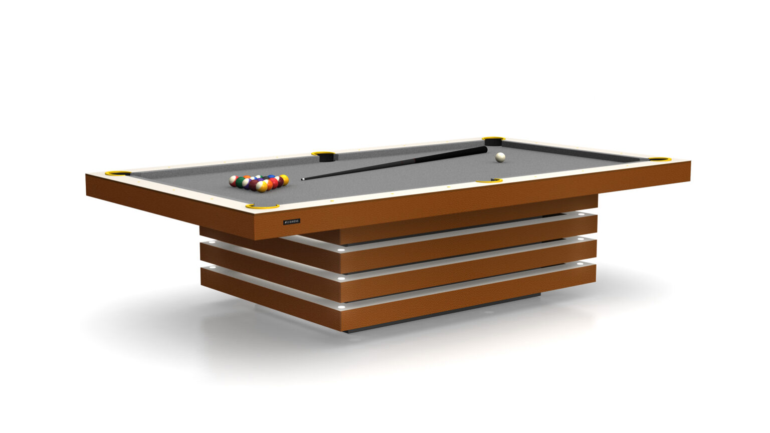 The Arclight Pool Table is a luxury piece, featuring a wooden base and sleek grey playing surface. It includes a set of pool balls arranged in a triangle and an elegantly poised cue stick, blending style with sophistication.