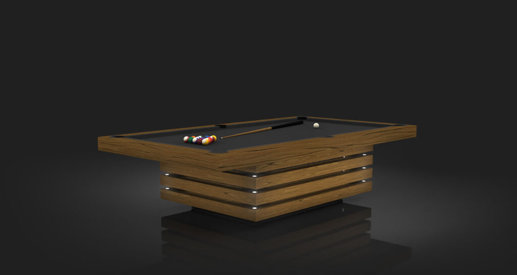 The Arclight Pool Table is a luxury game piece with a modern design featuring a wooden frame, sleek dark surface, and included billiard balls and cue stick. Its frame highlights horizontal wooden planks enhanced by evenly spaced LED lights for a sophisticated finish.