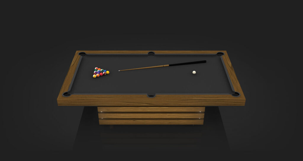 The Arclight Pool Table is a luxurious wooden game table featuring a cue and white cue ball on its dark surface. A triangular rack of colorful billiard balls is set for play in the corner, and the dim background enhances its sophisticated elegance.