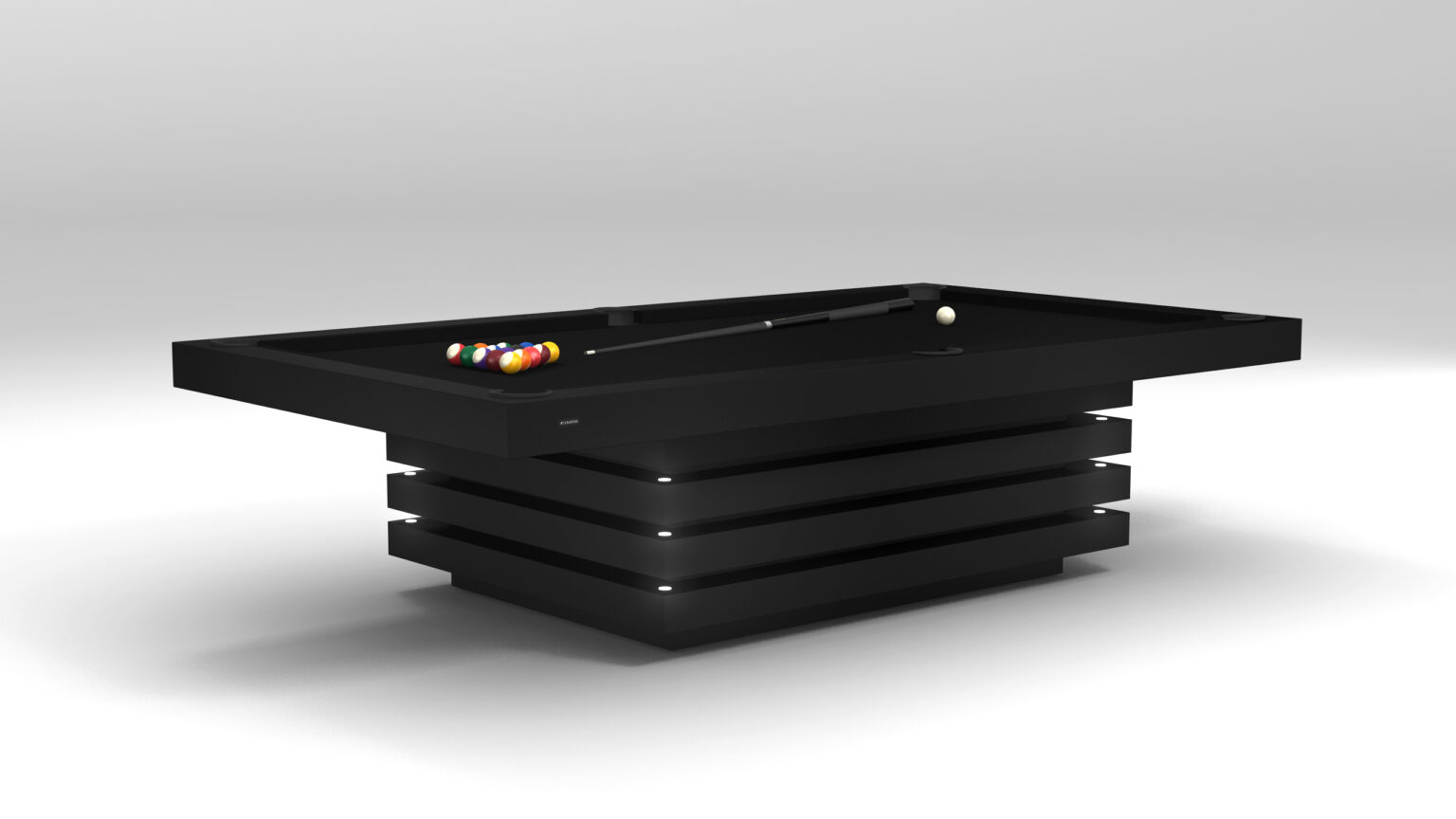 The Arclight Pool Table is a sleek, modern black game table with a unique layered base. It exemplifies luxury, featuring colorful billiard balls arranged artfully and a cue stick resting beside them against a simple light gray backdrop.
