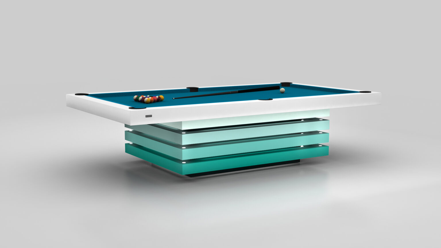 The Arclight Pool Table is a luxury game table with a sleek design on a light gray floor, featuring a white frame, blue felt, and an innovative base of stacked turquoise glass-like layers. A pool cue and perfectly racked balls complete the elegant setup.