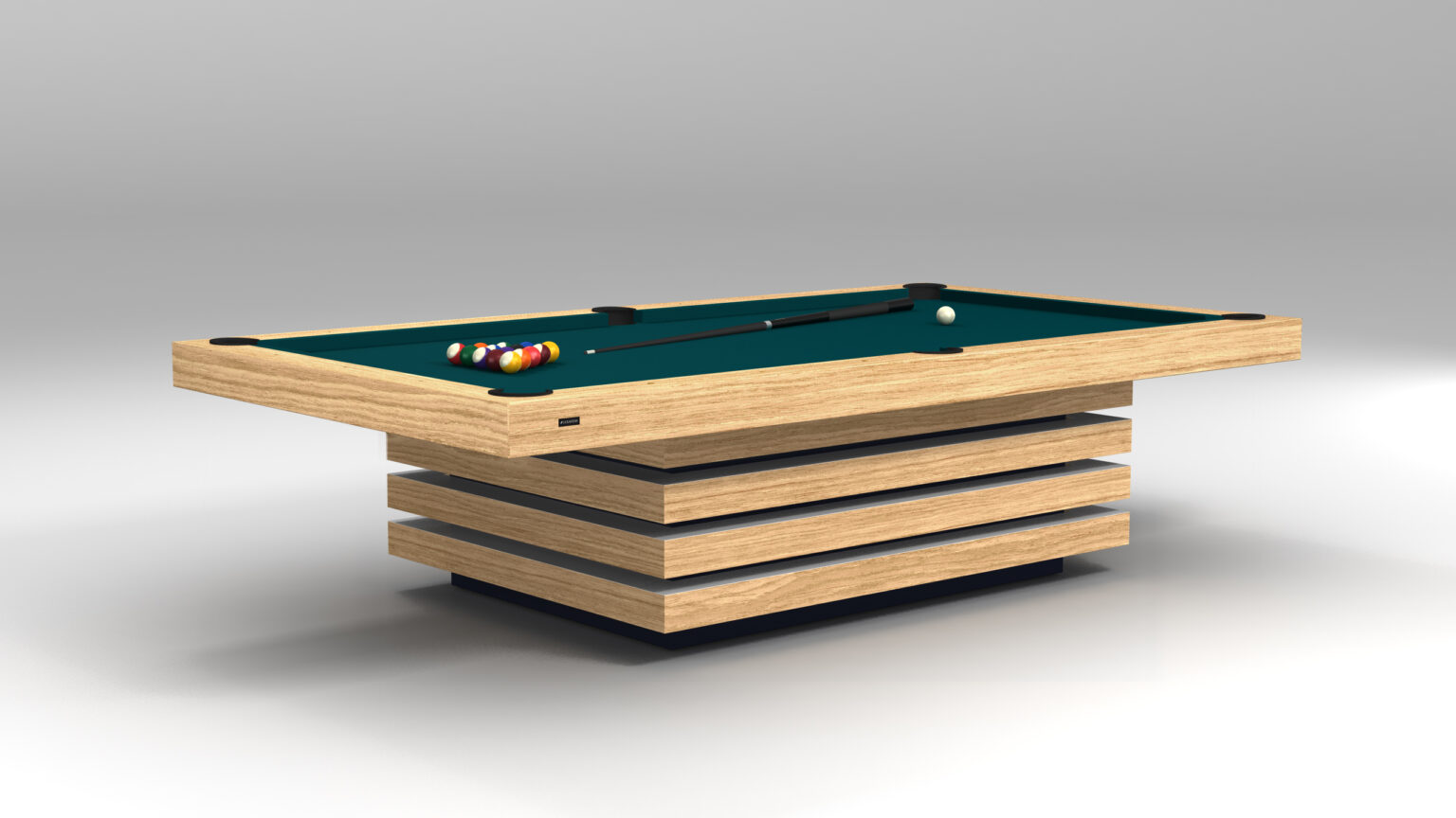 The Arclight Pool Table, featuring a modern luxury design with a stacked wooden base, is set against a light gray background. Pool balls and a cue stick rest on its green felt surface, ready for play.