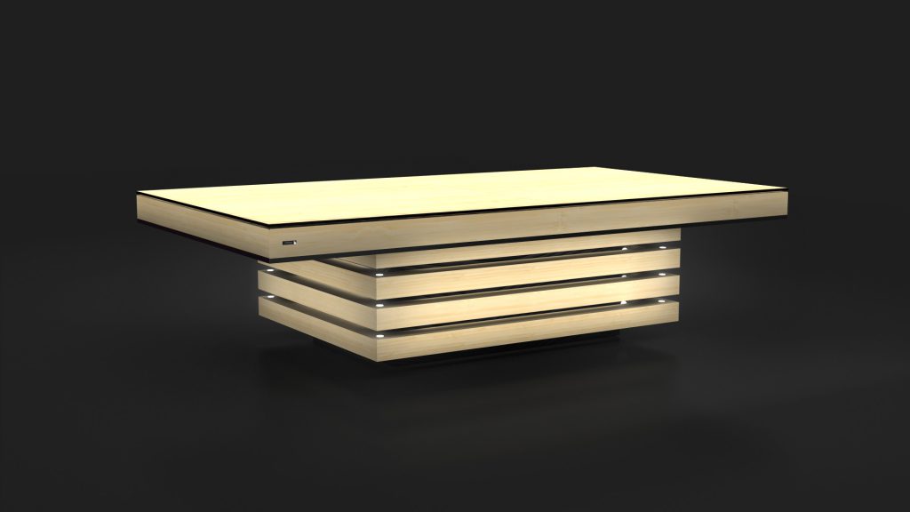 The Arclight Convertible Pool / Dining / Ping Pong Table is a luxury modern wooden piece with a rectangular top and a unique base of stacked slabs. Its light wood color against a dark background highlights its sleek, contemporary design.