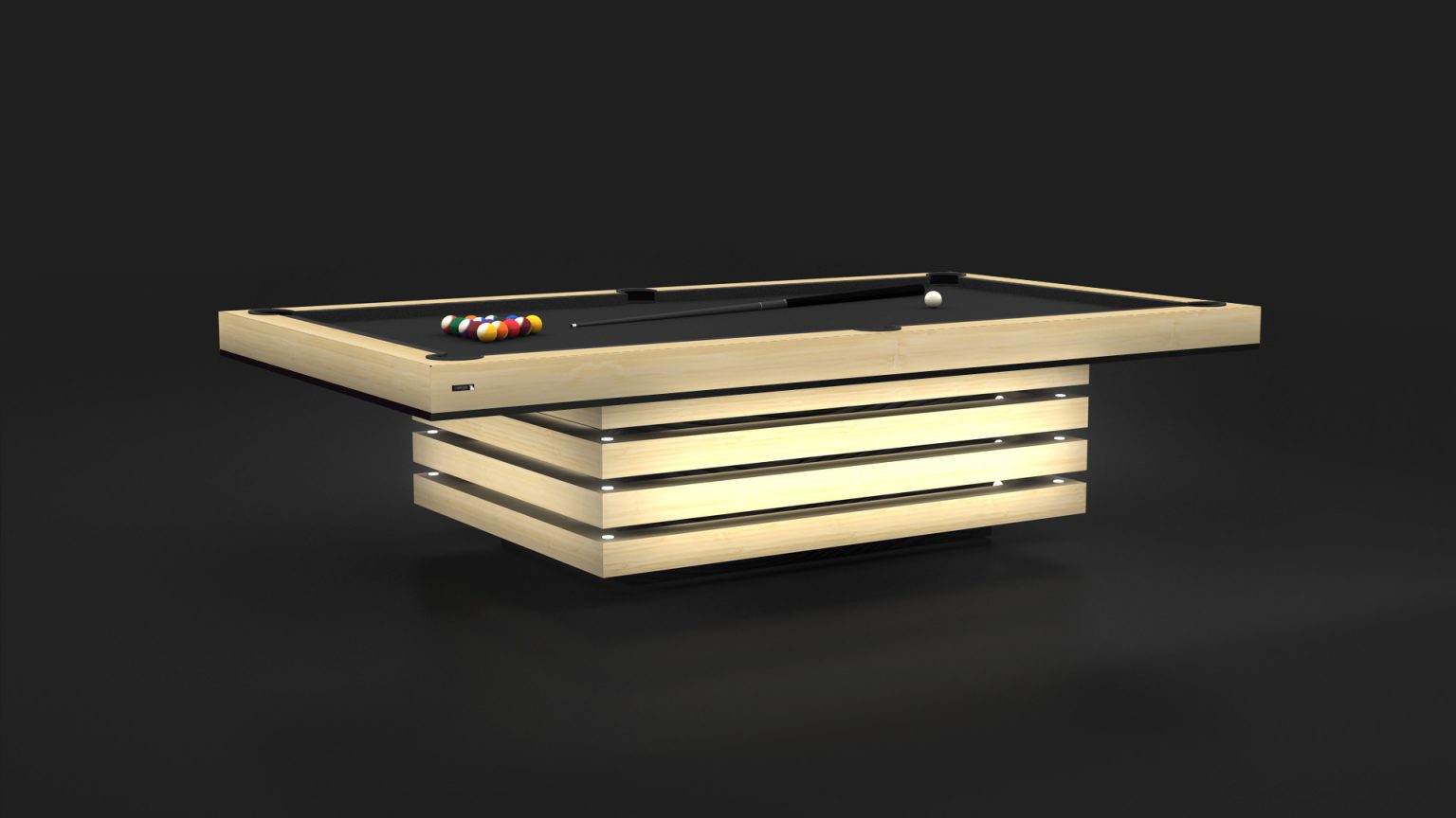The Arclight Pool Table boasts a contemporary, illuminated wooden frame on a dark surface with its black playing field showcasing organized billiard balls.