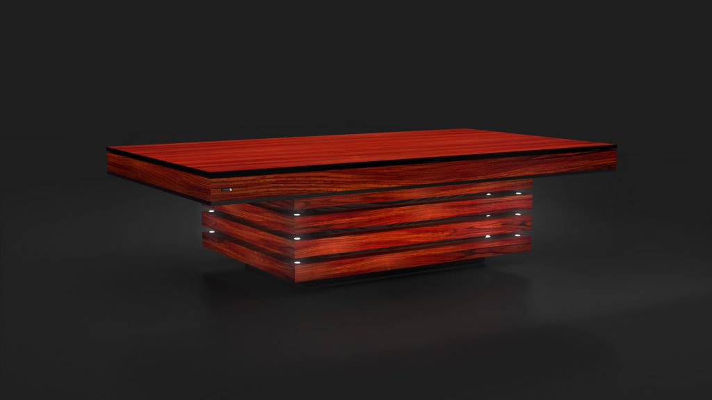 The modern wooden coffee table with a sleek rectangular top and layered base boasts luxury, highlighted by a dark wood finish and metallic accents. Its versatile elegance mirrors that of the Arclight Convertible Table used for pool, dining, and ping pong.