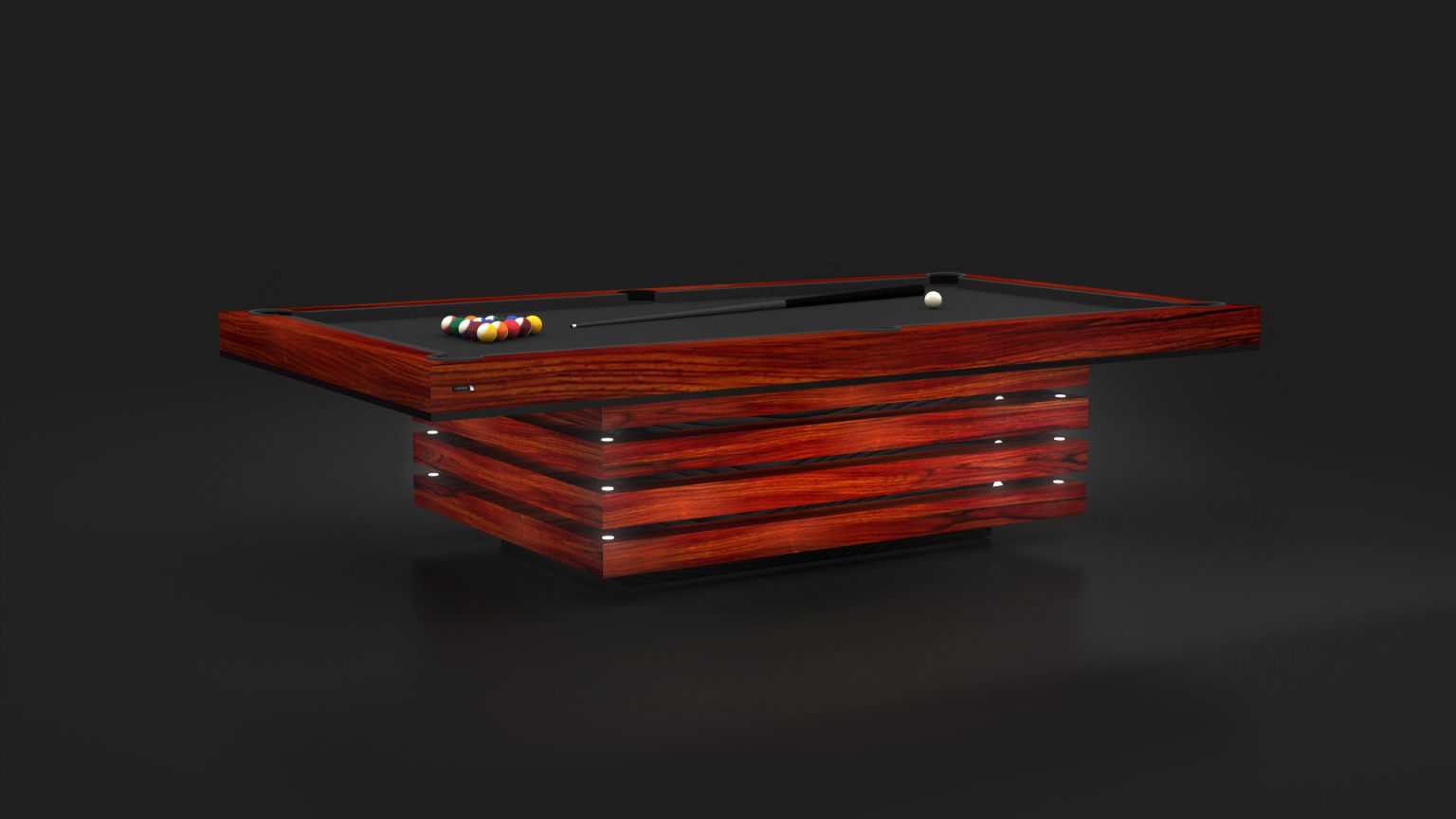 Indulge in elegance with the Arclight Pool Table, a modern marvel featuring a sleek design with a glossy wooden base and dark playing surface. Equipped with a cue ball, cue stick, and colored balls, its ideal for any sophisticated game room.