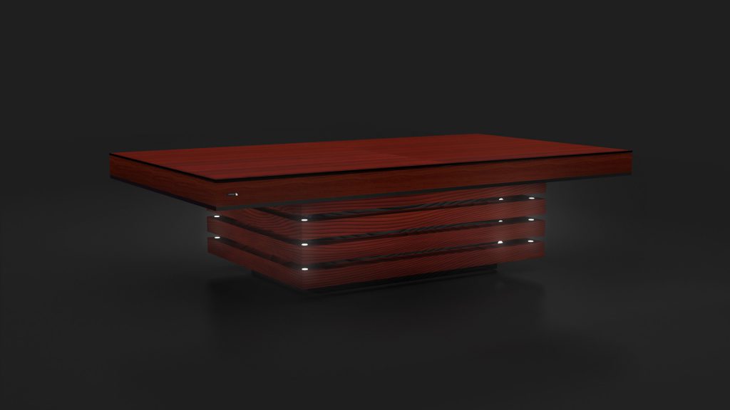 The Arclight Convertible Pool/Dining/Ping Pong Table is a modern, rectangular wooden table with a dark finish and layered base design, enhanced by small lights. Its luxury, sleek appearance stands out against dark backgrounds, effortlessly transforming between functions.