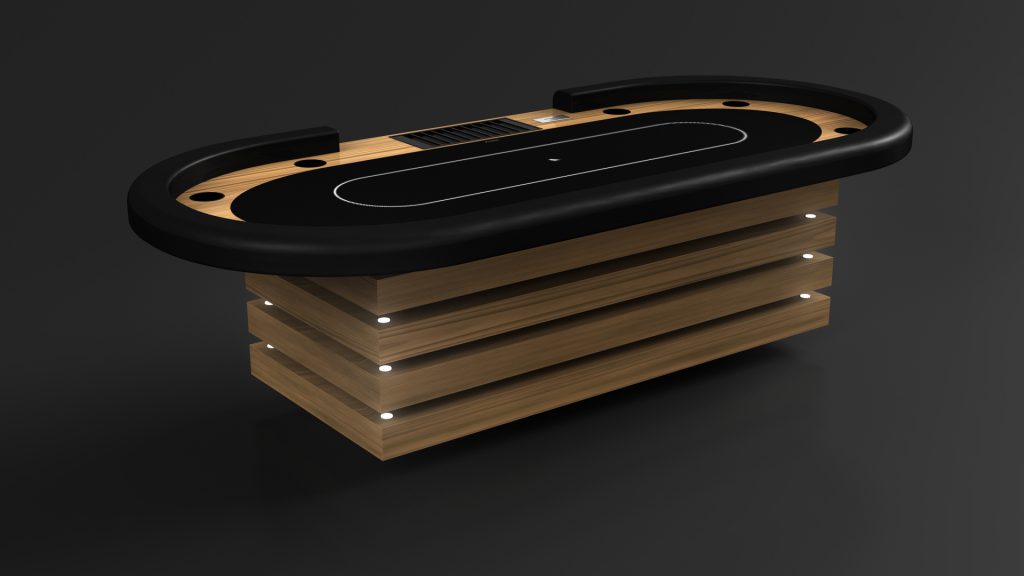 The Arclight Oval Poker Table features a wooden base, a sleek black surface, and built-in cup holders elegantly positioned against a dark backdrop.