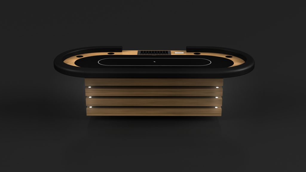 The Arclight Oval Poker Table features a black playing surface, elegant wooden base, sophisticated dealer area, chip tray, and under-edge lighting for a refined look.