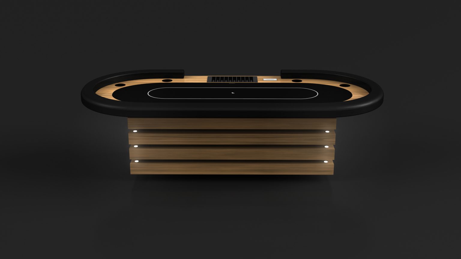 The Arclight Oval Poker Table features a black playing surface, elegant wooden base, sophisticated dealer area, chip tray, and under-edge lighting for a refined look.