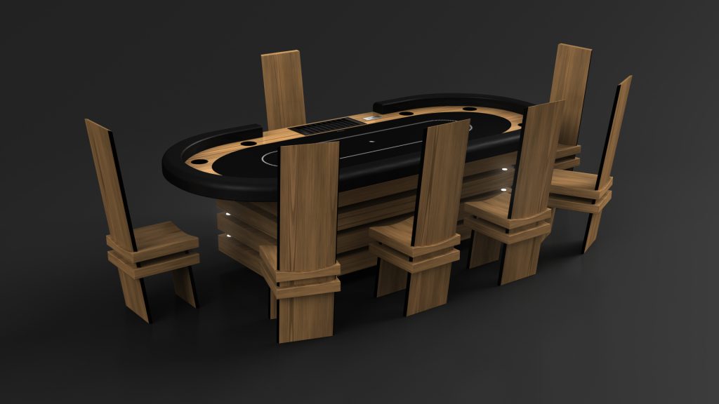 The Arclight Oval Poker Table is a luxurious game table with a sleek black tabletop, built-in cup holders, and designated player positions. It includes six matching wooden chairs featuring tall, unique backrests on a dark background.