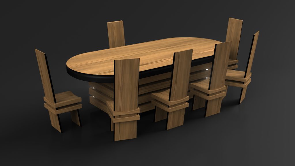 A 3D rendering features an Arclight Oval Poker Table with a black edge accompanied by four matching chairs with tall backs, all set against a dark backdrop.