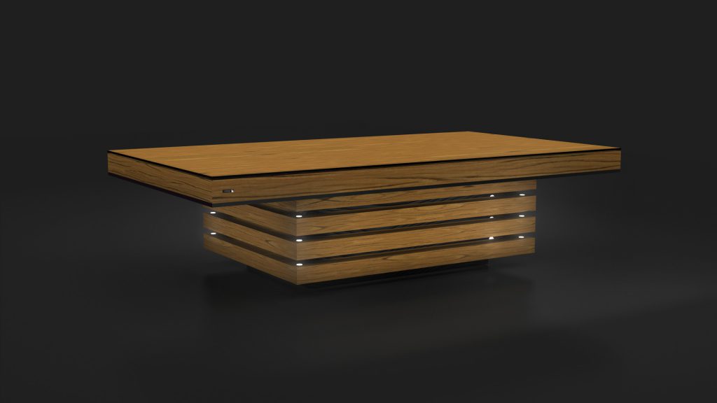 The Arclight Convertible Pool/Dining/Ping Pong Table boasts a modern wooden rectangular top and geometric base with horizontal slats, accented by LEDs. Its sleek design, set against a dark backdrop, highlights its luxury style reminiscent of high-end multipurpose tables.