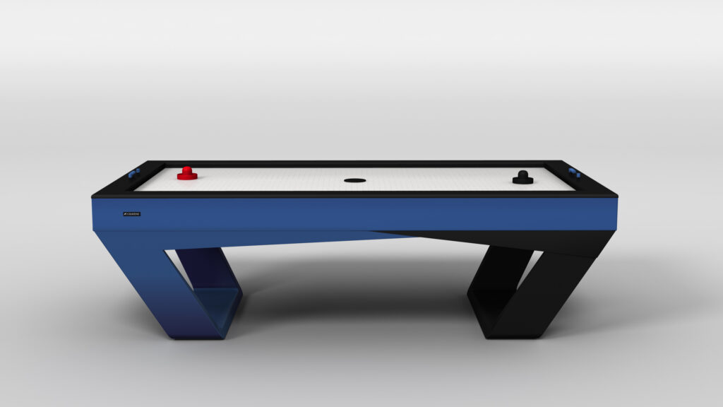 The Avettore Air Hockey Table features a modern blue and black angular design with a smooth white playing surface, including red and black strikers.
