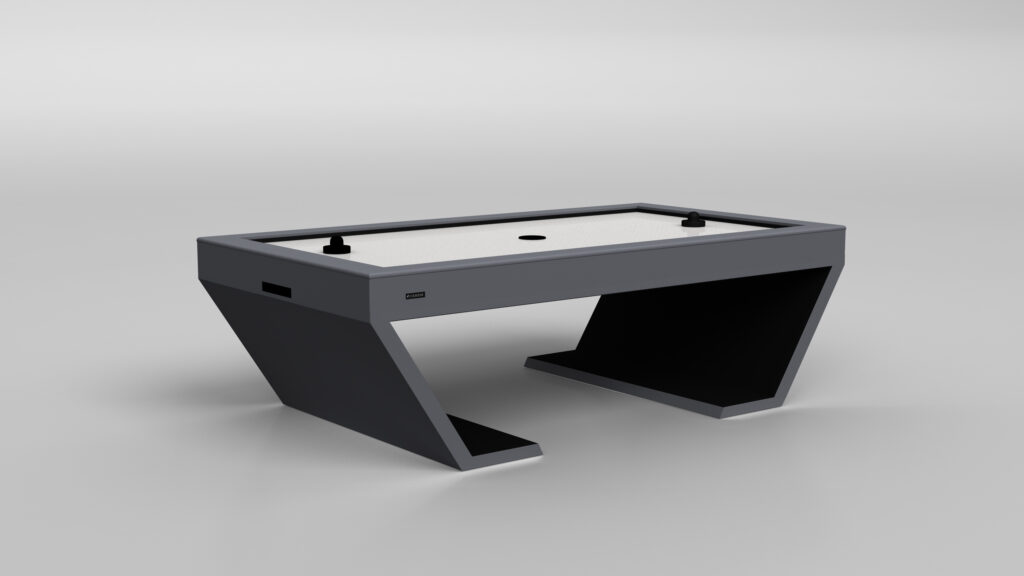 The Cabaret Air Hockey Table features a modern black and white design, includes two paddles and a puck, and is displayed on a plain light gray background.