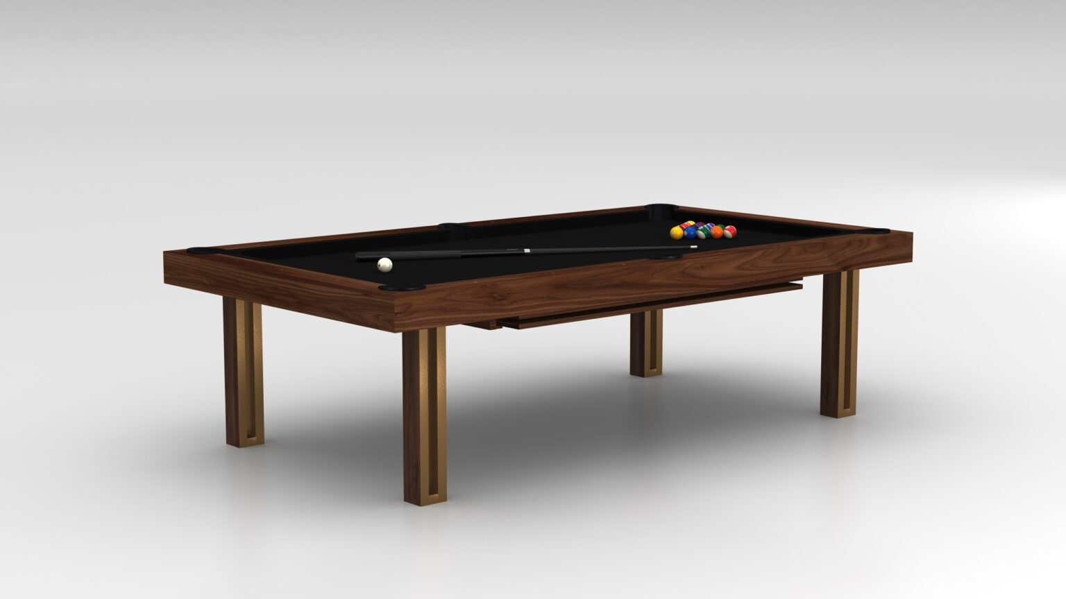 The Executive Pool Table, with its luxury wooden design and black playing surface, features colorful billiard balls at one end and an elegantly placed cue stick. It stands on four sturdy legs against a plain background, exuding sophistication in leisure.