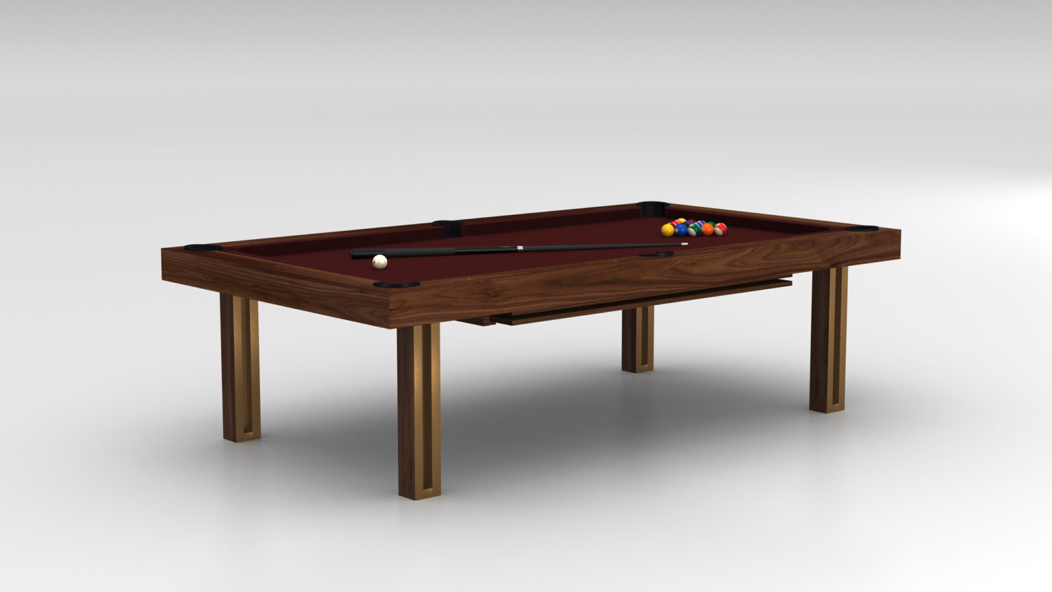 The Executive Pool Table, a luxury wooden model with red felt, is showcased. It includes a cue stick, white cue ball, and racked pool balls. The table exudes elegance with sleek metal legs against a plain background.