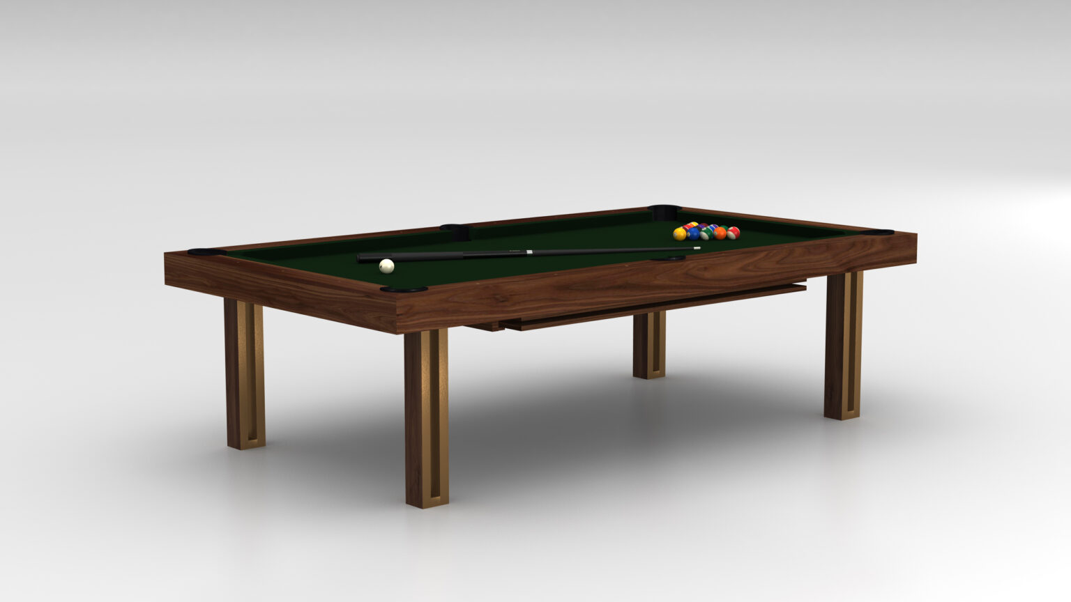 The Executive Pool Table, featuring a green felt surface and wooden frame, is elegantly displayed. A cue stick and racked billiard balls complement its minimalist appeal against a light gray background.
