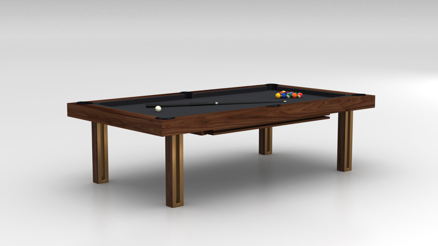 The Executive Pool Table is a luxury game table with a wooden frame and sleek black surface on a white background. Pool balls are neatly racked in a triangle, with a cue stick and ball nearby. Its elegant design features metal-accented legs for a modern touch.