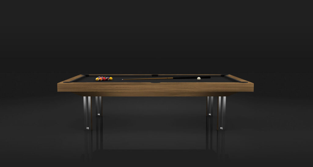 The Executive Pool Table, from a luxury game tables collection, showcases a sleek wooden frame and metal legs against a dark background. Pool balls are precisely arranged at one end, with a cue stick elegantly resting atop the table.