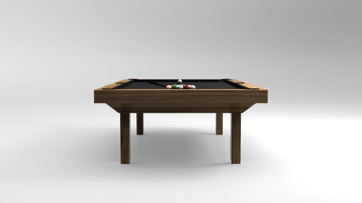 The Executive Pool Table is a wooden billiard masterpiece featuring a sleek black playing surface and multicolored balls arranged in a center triangle. Its modern design elegantly stands out against a plain light background, exuding sophistication.
