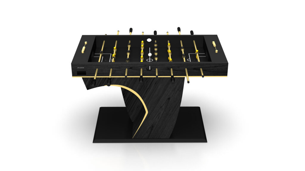 The Force Foosball Table features a modern black and gold finish, minimalist design, and a sleek curved wooden base, shown against a plain white background.