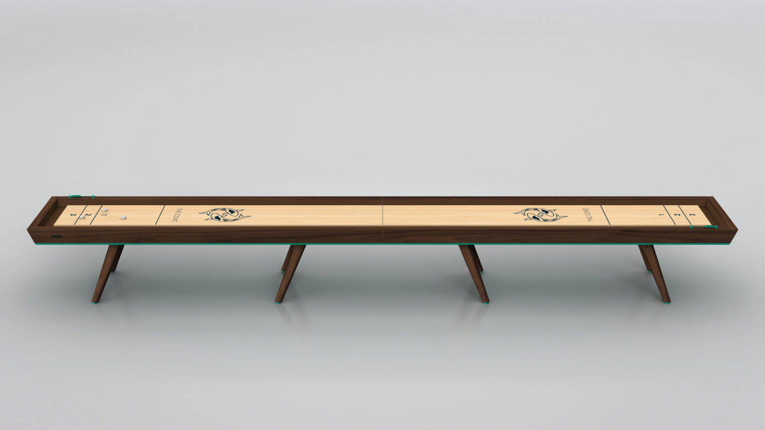 The Hamptons Shuffleboard Table features a light-colored playing surface, dark wood frame, three angled legs, and decorative shuffleboard markings for an elegant look.