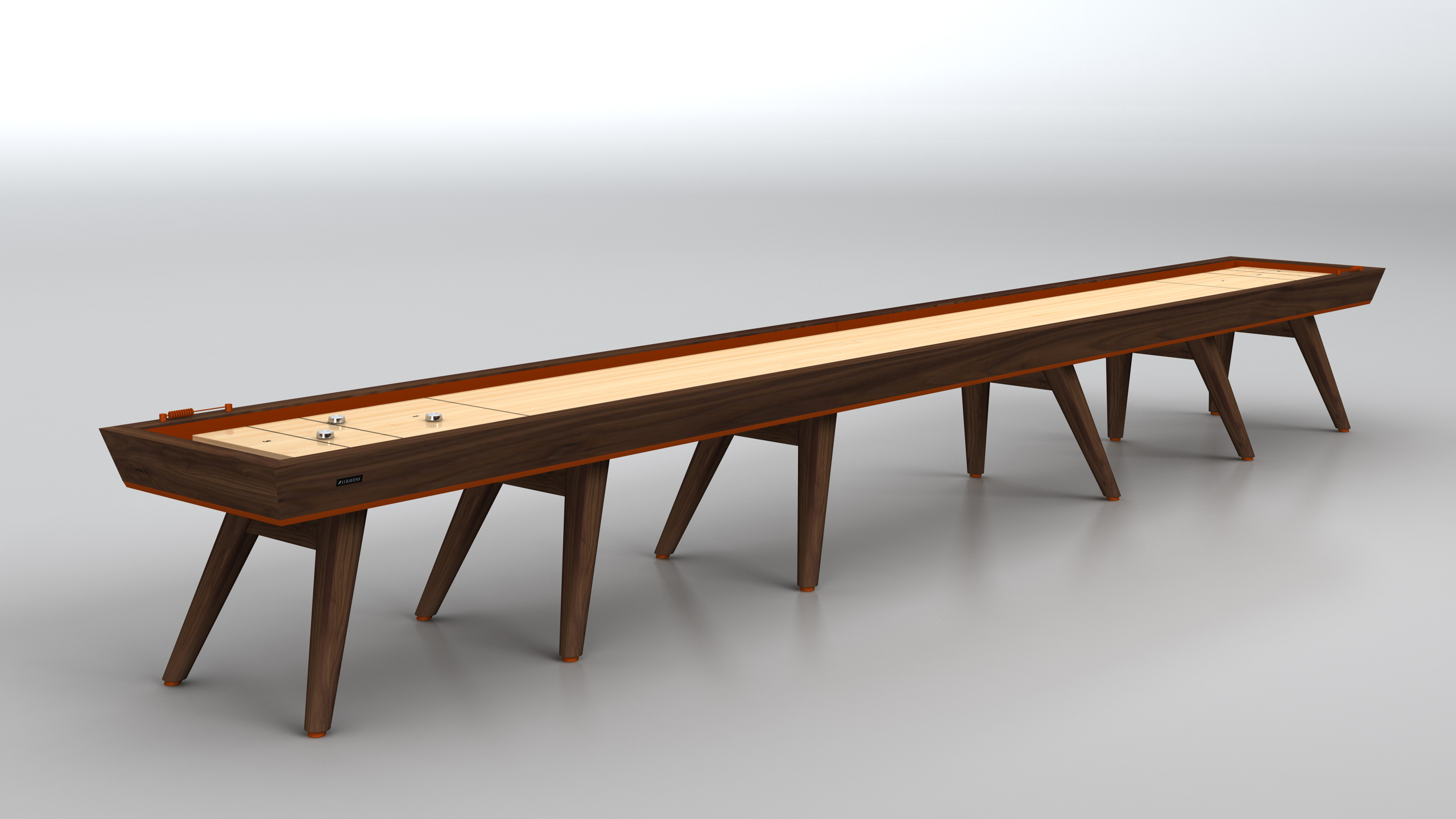 The Hamptons Shuffleboard Table features angled legs and a smooth playing surface, with pucks nearby. Its elegant design and coastal style make it a refined centerpiece for any space.