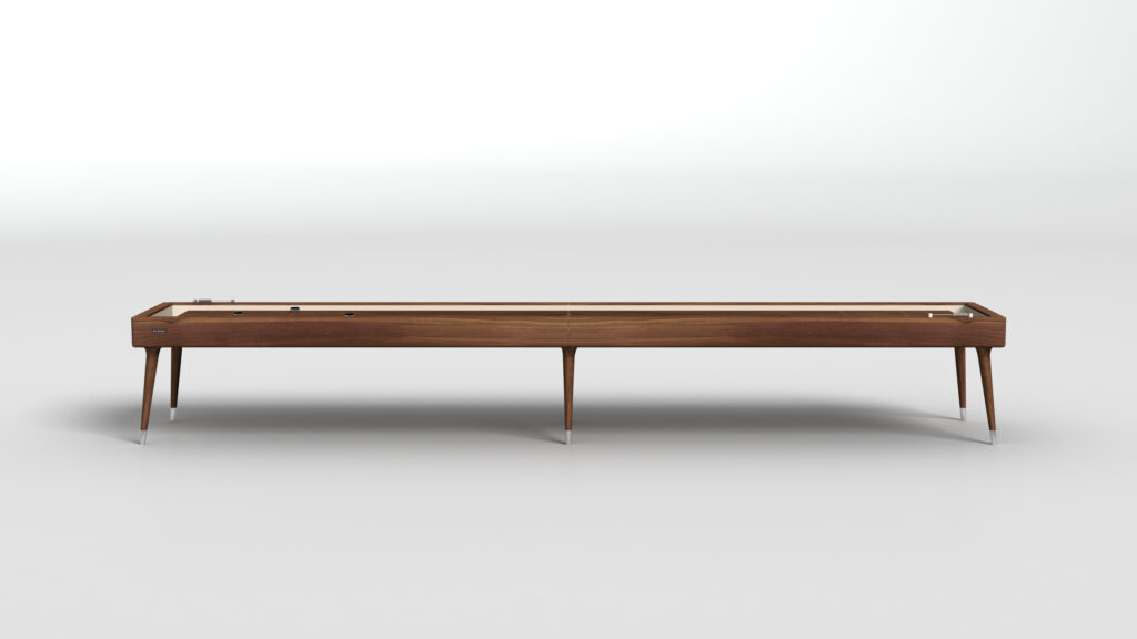 The Hamptons Shuffleboard Table, featuring elegant tapered legs and a mid-century modern design, stands on a plain white background.