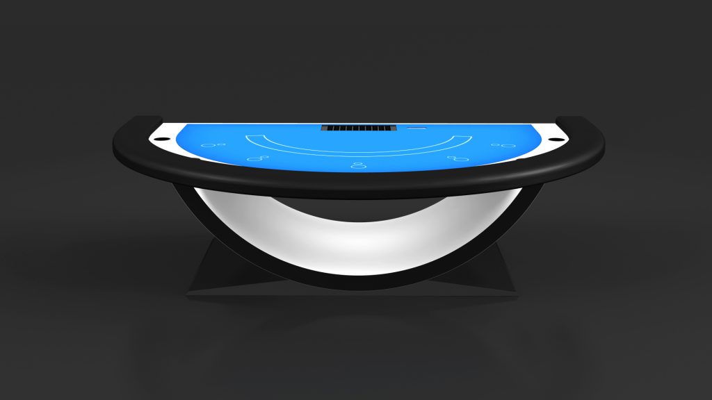 The sleek Theseus Blackjack Table showcases a contemporary black and blue semi-circular design complete with a state-of-the-art digital display, set elegantly against a simple dark backdrop.