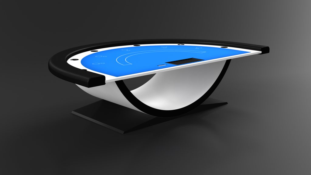 The Theseus Blackjack Table features a modern, curved design with a blue digital touch interface and abstract icons on top. Its sleek black and white design rests on a sturdy black base against a dark backdrop.
