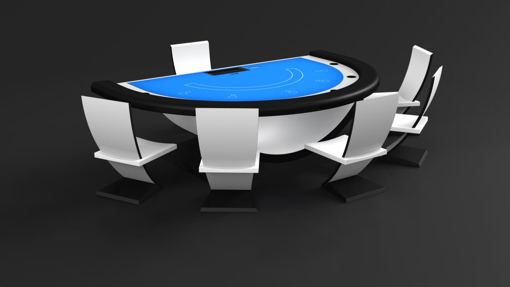 A 3D rendering of the Theseus Blackjack Table features a semi-circular blue felt surface, a sleek black edge, and is surrounded by six modern high-backed white chairs against a dark backdrop.